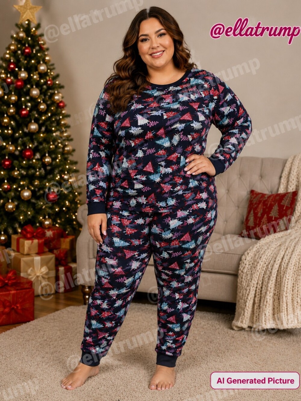 Joyspun Long Sleeve Top Jogger Pajama Set in Holiday Tree Print 3X